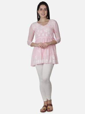 Hand Embroidered Pink Faux Georgette Chikankari Top With Slip 1