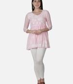 Hand Embroidered Pink Faux Georgette Chikankari Top With Slip