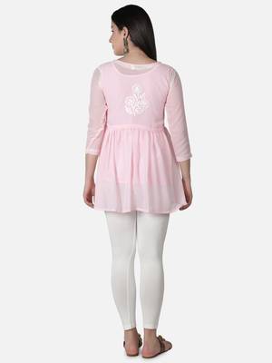Hand Embroidered Pink Faux Georgette Chikankari Top With Slip 2