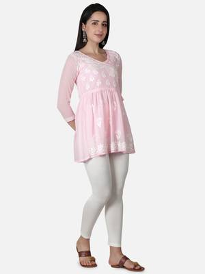 Hand Embroidered Pink Faux Georgette Chikankari Top With Slip 3