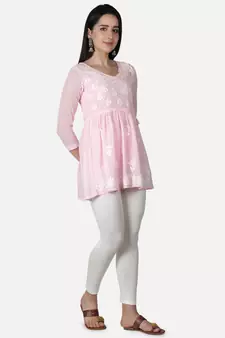 Hand Embroidered Pink Faux Georgette Chikankari Top With Slip