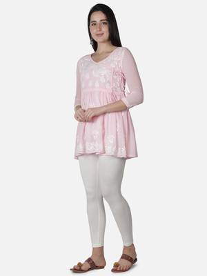 Hand Embroidered Pink Faux Georgette Chikankari Top With Slip 4