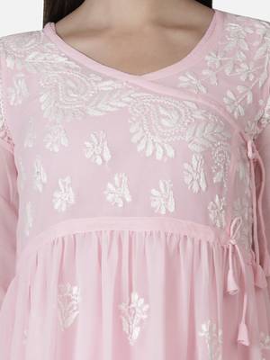 Hand Embroidered Pink Faux Georgette Chikankari Top With Slip 5