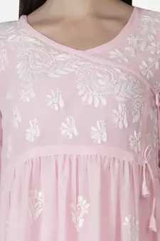 Hand Embroidered Pink Faux Georgette Chikankari Top With Slip