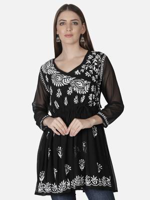 Hand Embroidered Black Faux Georgette Chikankari Top With Slip 1