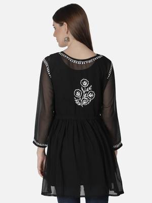 Hand Embroidered Black Faux Georgette Chikankari Top With Slip 2