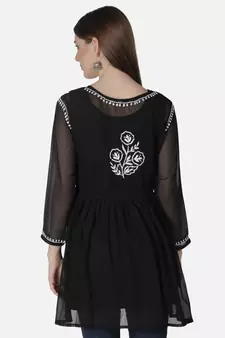 Hand Embroidered Black Faux Georgette Chikankari Top With Slip