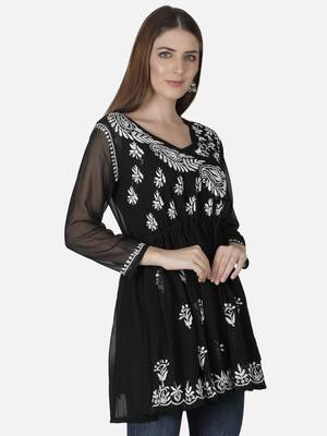 Hand Embroidered Black Faux Georgette Chikankari Top With Slip 3