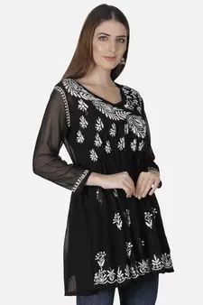 Hand Embroidered Black Faux Georgette Chikankari Top With Slip