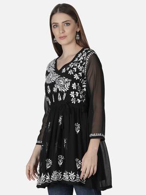 Hand Embroidered Black Faux Georgette Chikankari Top With Slip 4