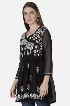 Hand Embroidered Black Faux Georgette Chikankari Top With Slip