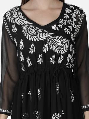 Hand Embroidered Black Faux Georgette Chikankari Top With Slip 5