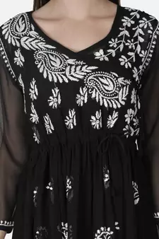 Hand Embroidered Black Faux Georgette Chikankari Top With Slip