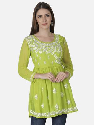 Hand Embroidered Green Faux Georgette Chikankari Top With Slip 1