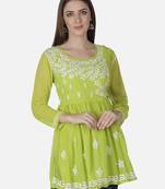 Hand Embroidered Green Faux Georgette Chikankari Top With Slip