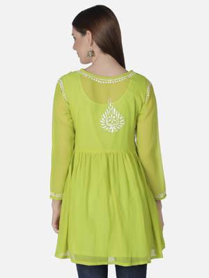 Hand Embroidered Green Faux Georgette Chikankari Top With Slip 2