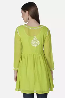 Hand Embroidered Green Faux Georgette Chikankari Top With Slip