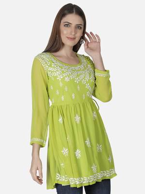 Hand Embroidered Green Faux Georgette Chikankari Top With Slip 3
