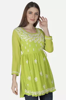 Hand Embroidered Green Faux Georgette Chikankari Top With Slip