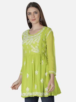 Hand Embroidered Green Faux Georgette Chikankari Top With Slip 4