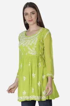 Hand Embroidered Green Faux Georgette Chikankari Top With Slip