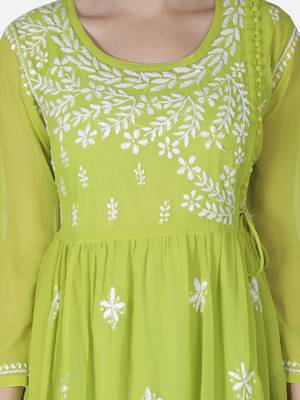 Hand Embroidered Green Faux Georgette Chikankari Top With Slip 5