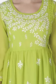 Hand Embroidered Green Faux Georgette Chikankari Top With Slip
