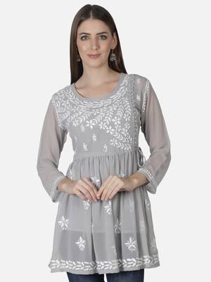 Hand Embroidered Grey Faux Georgette Chikankari Top With Slip 1