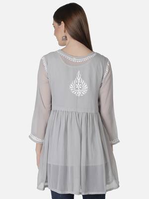 Hand Embroidered Grey Faux Georgette Chikankari Top With Slip 2
