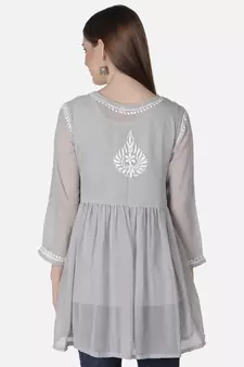 Hand Embroidered Grey Faux Georgette Chikankari Top With Slip