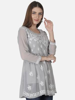 Hand Embroidered Grey Faux Georgette Chikankari Top With Slip 3