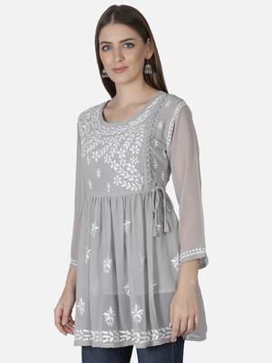 Hand Embroidered Grey Faux Georgette Chikankari Top With Slip 4