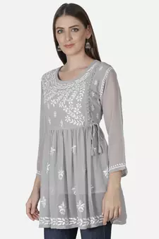 Hand Embroidered Grey Faux Georgette Chikankari Top With Slip