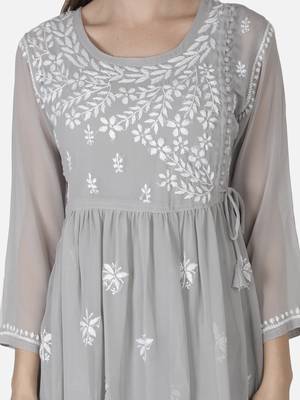 Hand Embroidered Grey Faux Georgette Chikankari Top With Slip 5