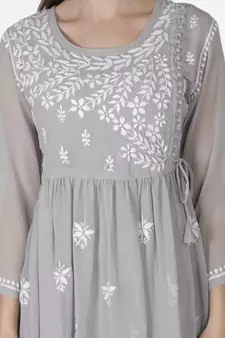 Hand Embroidered Grey Faux Georgette Chikankari Top With Slip