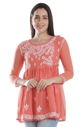 Hand Embroidered Orange Faux Georgette Chikankari Top With Slip