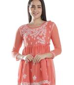 Hand Embroidered Orange Faux Georgette Chikankari Top With Slip