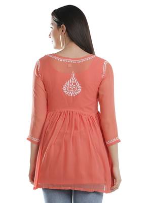 Hand Embroidered Orange Faux Georgette Chikankari Top With Slip 2