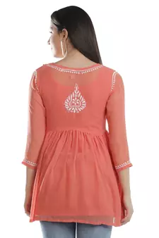Hand Embroidered Orange Faux Georgette Chikankari Top With Slip