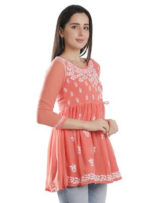 Hand Embroidered Orange Faux Georgette Chikankari Top With Slip 3