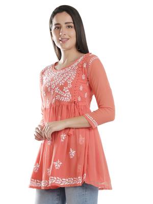 Hand Embroidered Orange Faux Georgette Chikankari Top With Slip 4