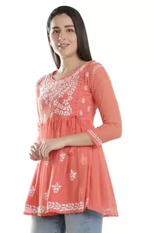 Hand Embroidered Orange Faux Georgette Chikankari Top With Slip
