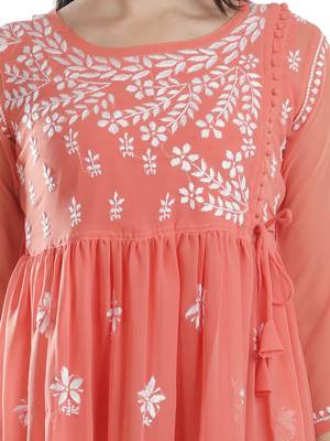 Hand Embroidered Orange Faux Georgette Chikankari Top With Slip 5