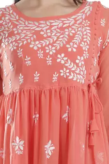 Hand Embroidered Orange Faux Georgette Chikankari Top With Slip