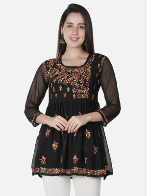 Seva Chikan Hand Embroidered Black Faux Georgette Chikankari Top With Slip 1