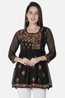 Seva Chikan Hand Embroidered Black Faux Georgette Chikankari Top With Slip