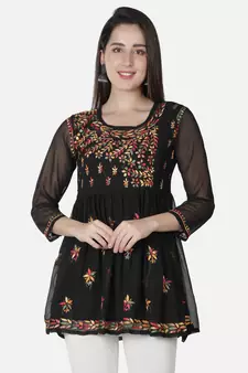 Seva Chikan Hand Embroidered Black Faux Georgette Chikankari Top With Slip