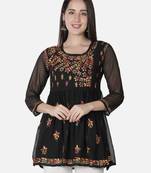 Seva Chikan Hand Embroidered Black Faux Georgette Chikankari Top With Slip