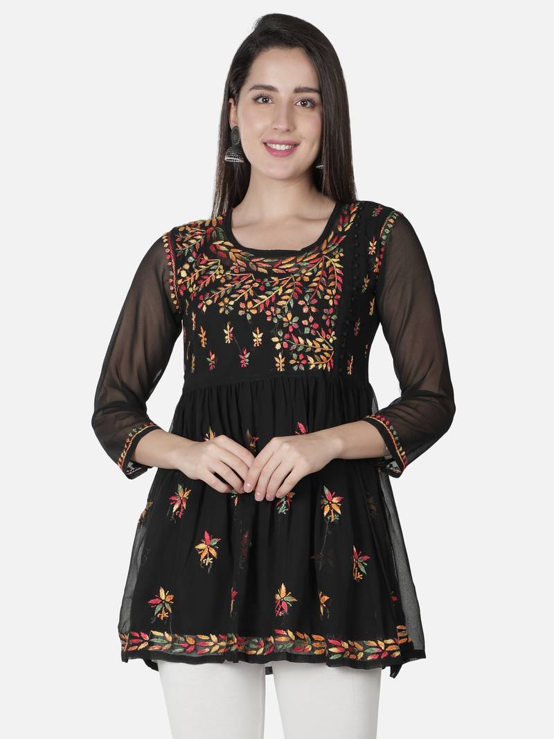 Seva Chikan Hand Embroidered Black Faux Georgette Chikankari Top With Slip