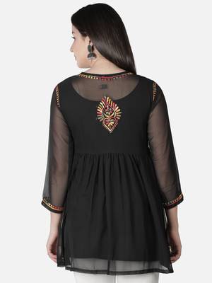 Seva Chikan Hand Embroidered Black Faux Georgette Chikankari Top With Slip 2